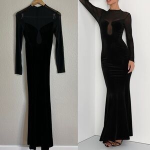 NWOT Alluring Fixation Black Velvet Mesh Long Sleeve Maxi Dress
